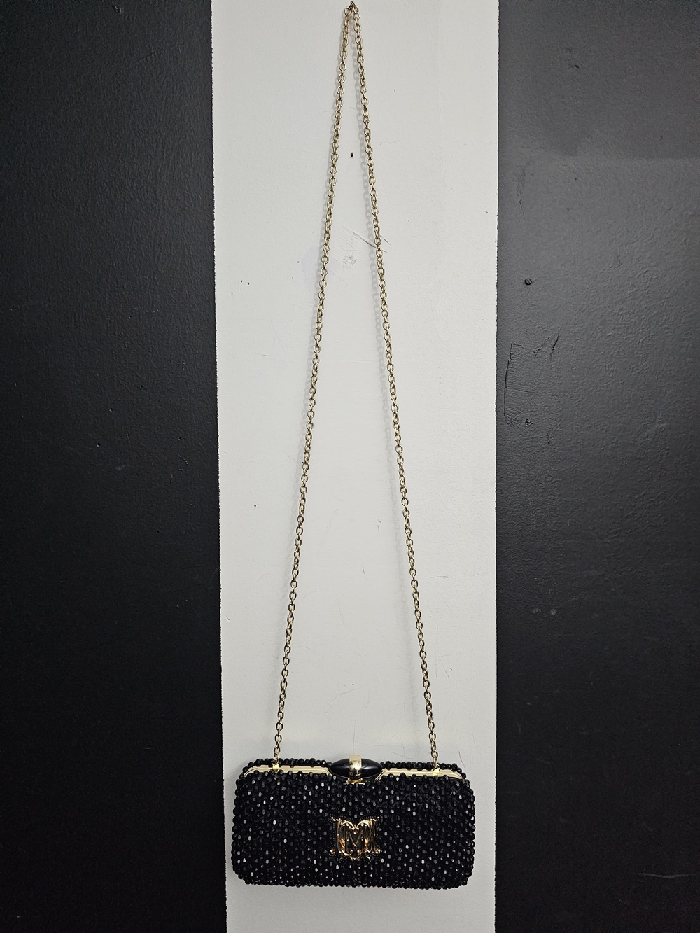 Love Moschino Black Beaded Crossbody Bag with Gold Chain